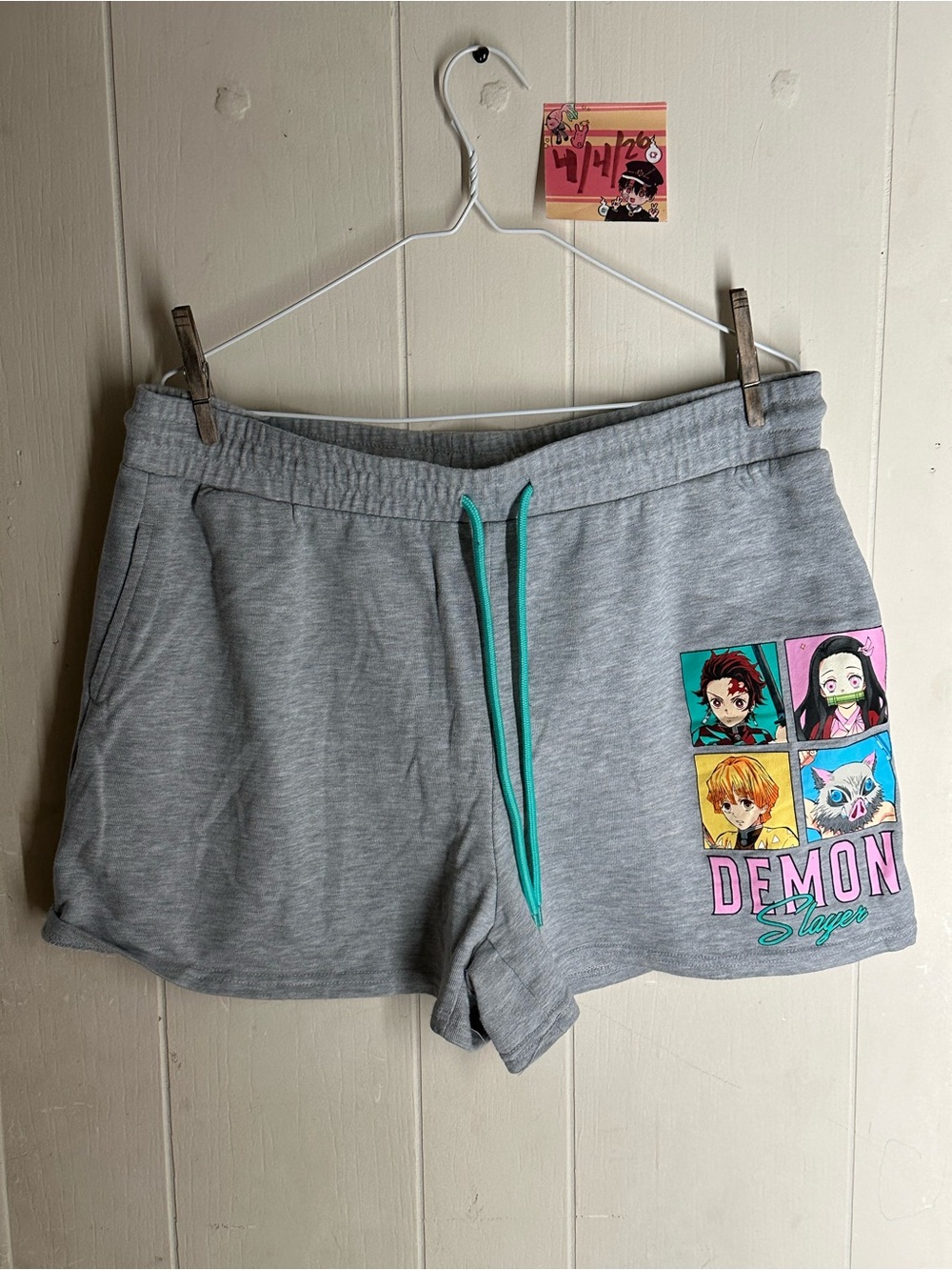 Gray Demon Slayer Graphic Athletic Shorts with Teal Drawstring